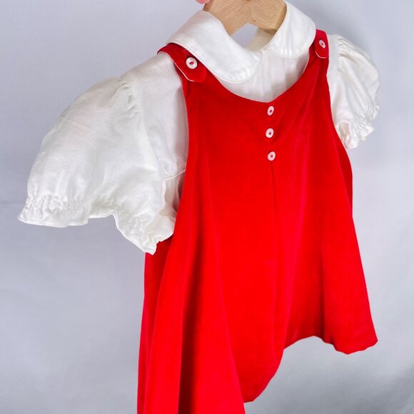 Vintage Baby Girl 2 Piece Red Velvet Dress + Puff Sleeve Shirt Outfit Set 12m - Picture 2 of 12
